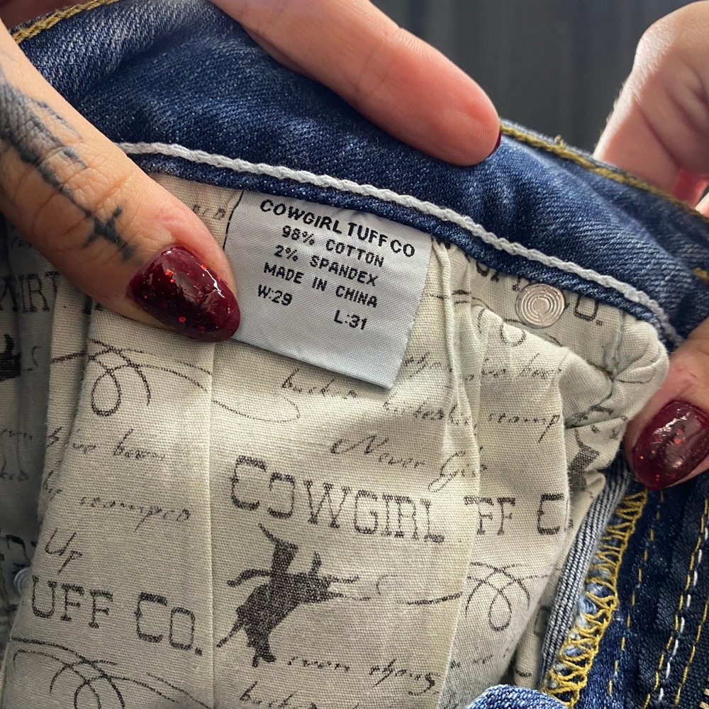 Cowgirl Tuff Dont Fence Me In Bootcut Jeans Barbwire Pocket Embroidery Flare 29W - Picture 9 of 10